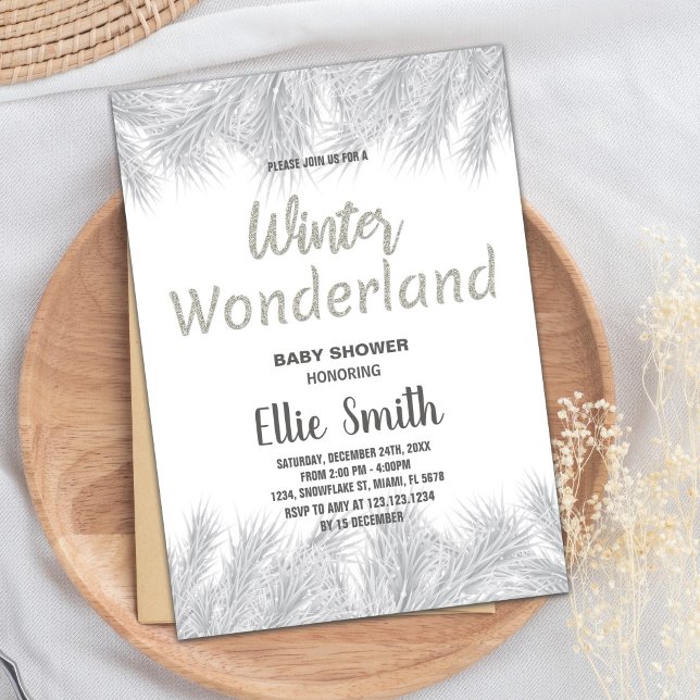 Inbjudningar till Vinterbabyskor Silver Glitter Gr (Winter Baby Shower Invitations Silver Glitter Pine)