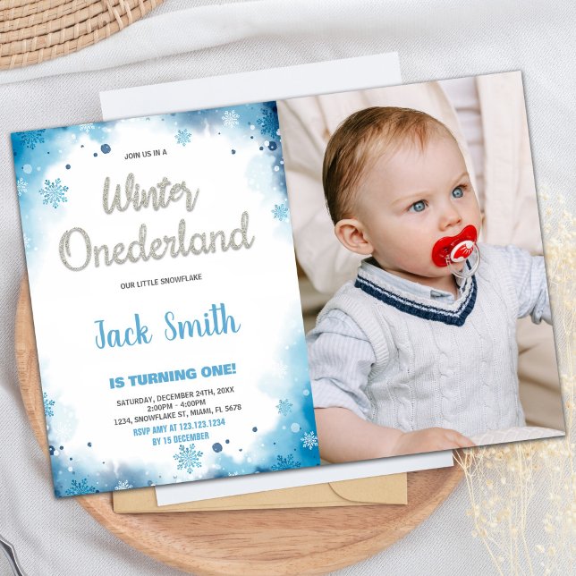Inbjudningar till vinterlandskapet 1:a födelsedag  (winter onederland 1st birthday invitations w Photo)