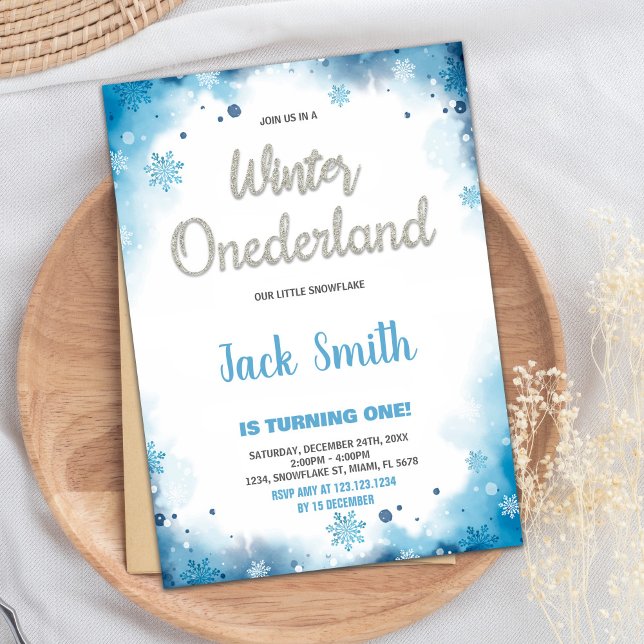 Inbjudningar till vinterlandskapet 1:a födelsedag  (winter onederland 1st birthday invitations Blue)