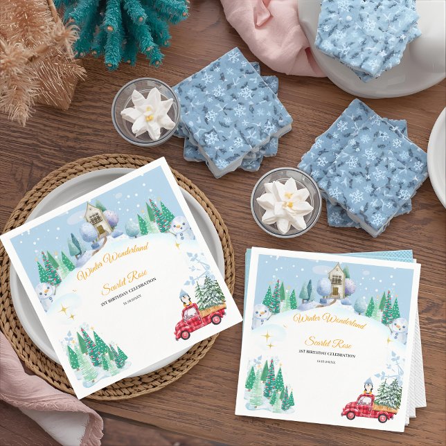 Inbjudningar till vinterlandskapet 1:a födelsedag pappersservett (Skapare uppladdad)