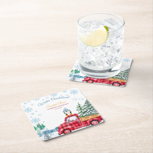 Inbjudningar till vinterlandskapet 1:a födelsedag underlägg papper kvadrat (Insitu)