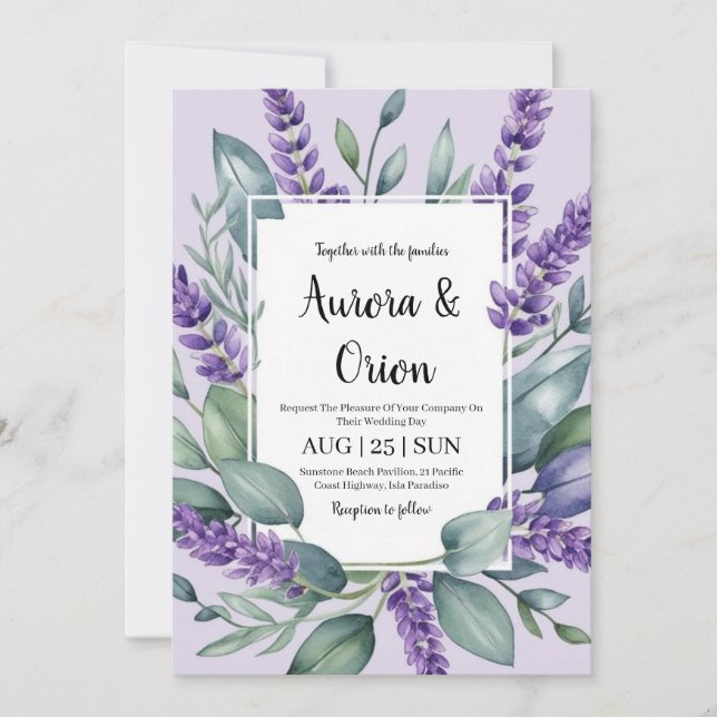 inbjudningar till violett lavender- och eukalyptus (Framsida)