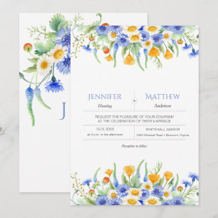 Inbjudningar till Watercolor Blue Gult Wildblommor