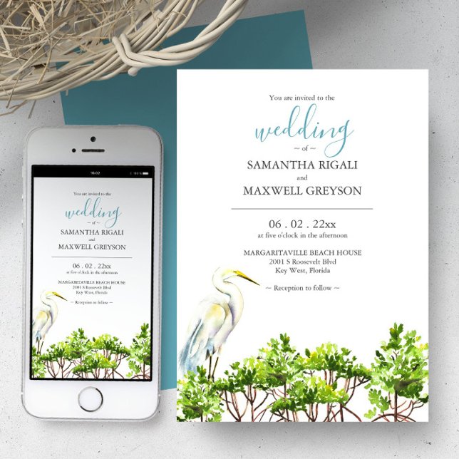 Inbjudningar till Watercolor Florida Destination W (Florida wedding invitations watercolor great white heron and mangroves art by Victoria Grigaliunas)