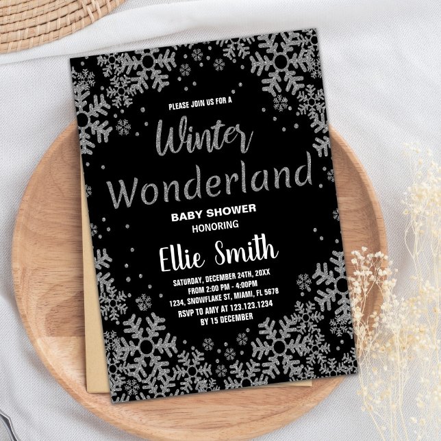 Inbjudningar till Winter Baby Shower Black Silver (Winter Baby Shower Invitations Black Silver)