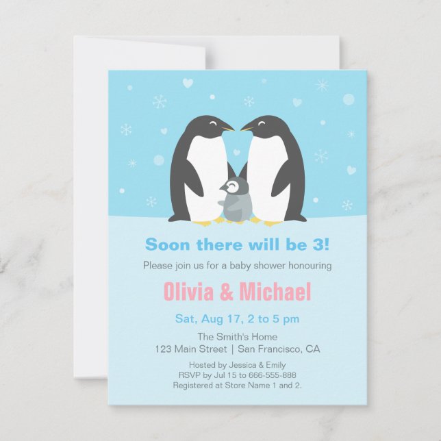 Inbjudningar till Winter Penguin Family Baby Showe (Framsida)