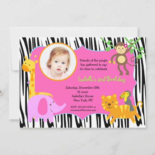 Inbjudningar till Zebra Jungle Animal Photo Birthd (Framsida)