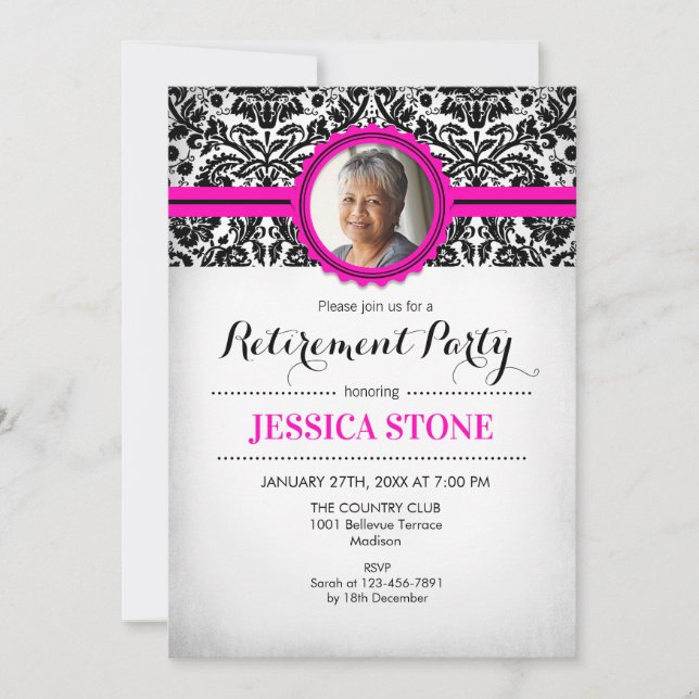 Inbjudningsfoto för pension - Shock rosa Black Whi Inbjudningar (Framsida)