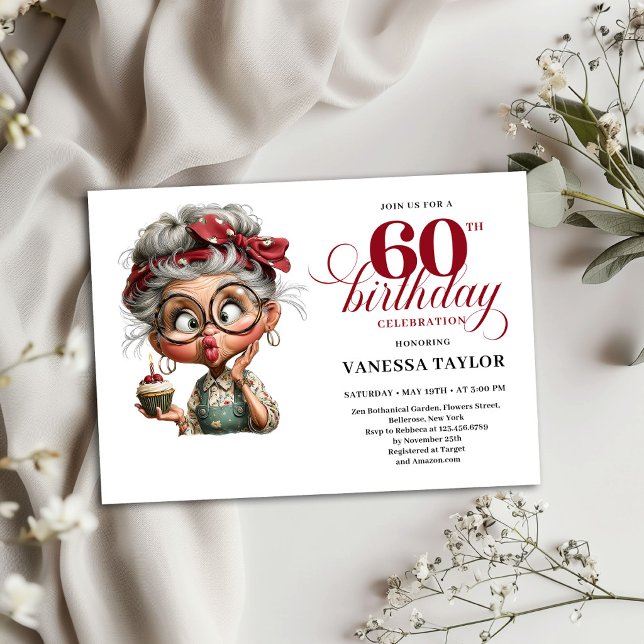 Inbjudningskort för 60-årsfirande Rolig gammal dam (60th Birthday Invitation Card Funny Old Lady Humor)