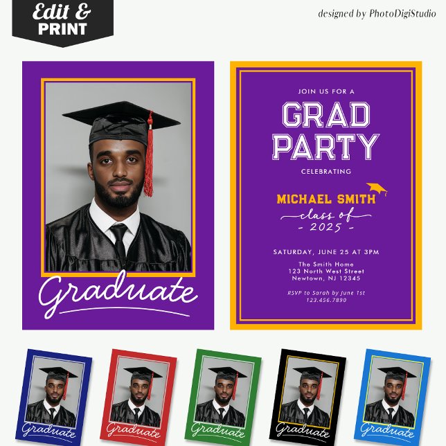Inbjudningskort för anpassningsbar Studenten | Kla (Custom Graduation Invitation Card | Purple and Gold Classic Design for Graduation Party and Ceremony)