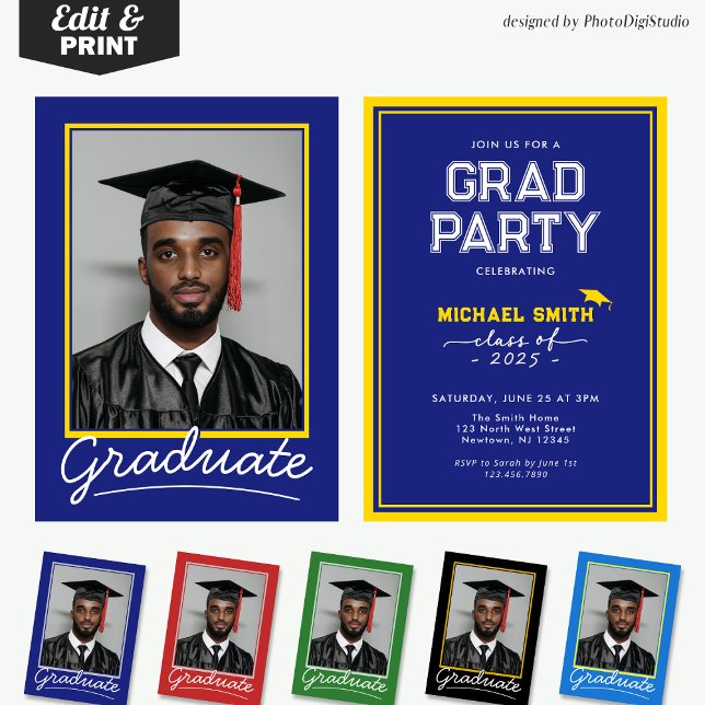Inbjudningskort för anpassningsbar Studenten | Kla (Custom Graduation Invitation Card | Blue and Gold Classic Design for Graduation Party and Ceremony)