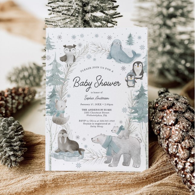 Inbjudningskort för arktiska djur, babyblåsare för (winter baby shower)