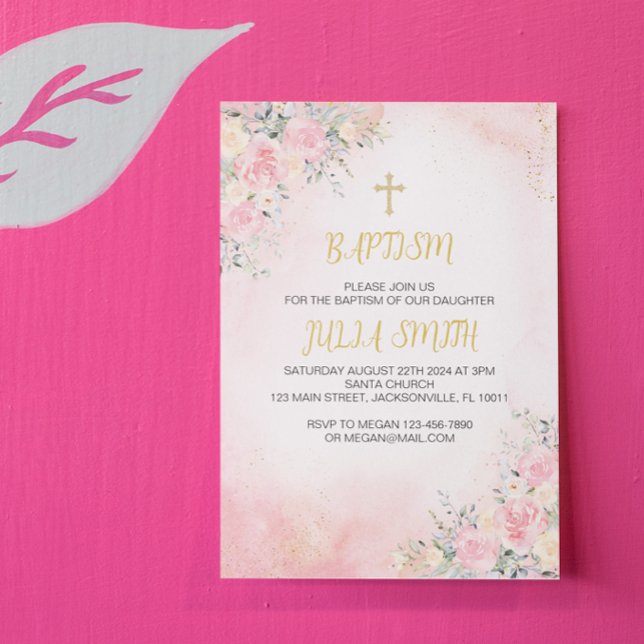 Inbjudningskort för Baptism i elegant Rosa Guld Bl (pink gold floral baptism card)