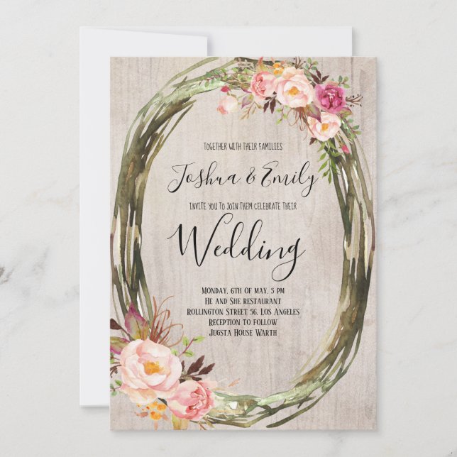 inbjudningskort för Blommigt av rosa  peonbröllops (Framsida)