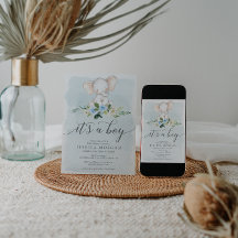 Inbjudningskort för Blue Elephant Boy Baby Shower