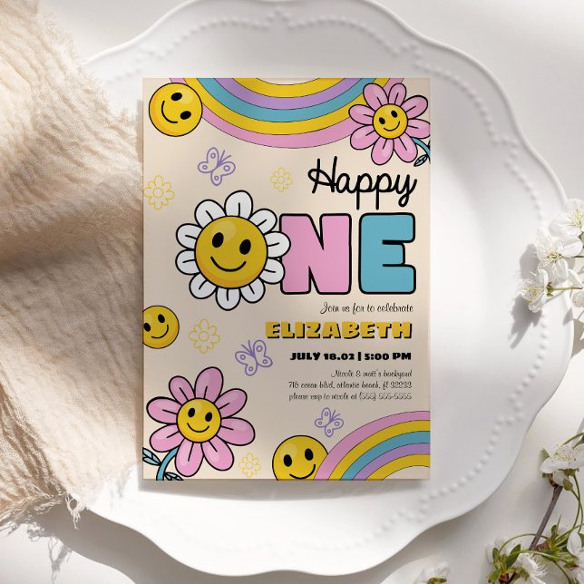 Inbjudningskort för daisy blomma Groovy första föd (Skapare uppladdad)