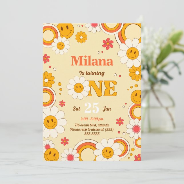 Inbjudningskort för daisy blomma Groovy första föd (Stående Fram)