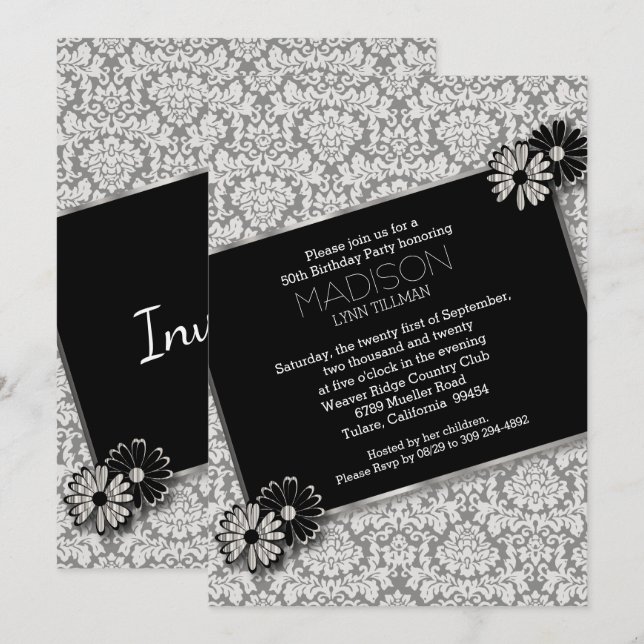 Inbjudningskort för Elegant Damask Party-mall (Fram/baksida)