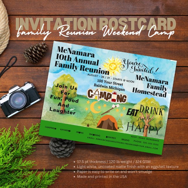 Inbjudningskort för familjeåterträff och camping ( Birthday Depot
Family Reunion Camping Invitation Postcard)