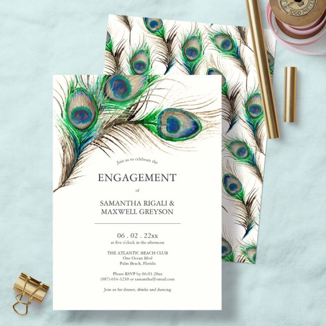 Inbjudningskort för festlig fest Påfågel fjädrar (Engagement party invitations feature watercolor peacock feathers art by Victoria Grigaliunas)