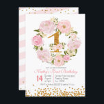 Inbjudningskort för första Blommigten på födelseda<br><div class="desc">1:a Blommigten på födelsedagen: Inbjudningskort för flickor med vackra blommor från ro i blommigt,  guld konetti och rosa vattenfärgen stil.</div>