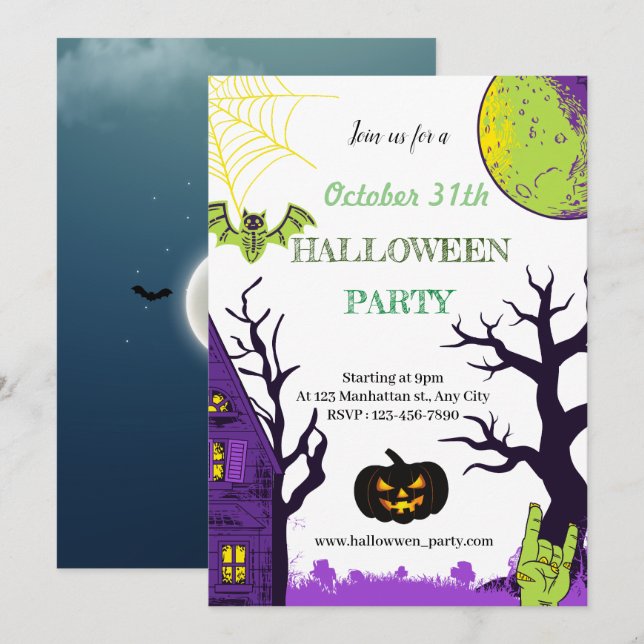 Inbjudningskort för Halloween fest (Fram/baksida)