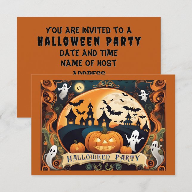 Inbjudningskort för Halloween fest (Fram/baksida)
