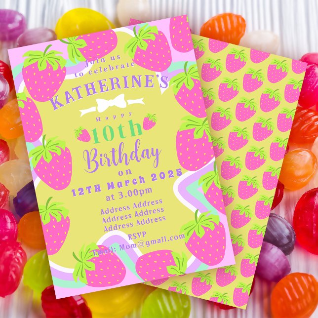 Inbjudningskort för jordgubbsfödelsedag Grönt Rosa (Sweet Strawberry Birthday Invitation Card. )