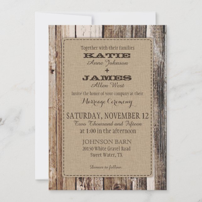 Inbjudningskort för Land Barn Wood Rustic Wedding  (Framsida)