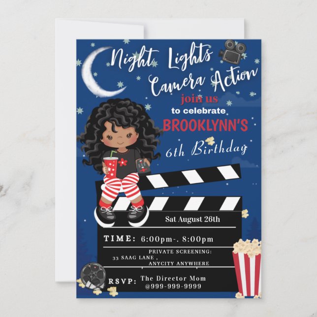 Inbjudningskort för ljus Camera Movie Night Birthd (Framsida)