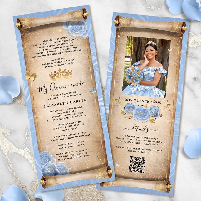 Inbjudningskort för Ljusa Baby blue Guld-kvitten f (Elegant light baby blue and gold quinceanera scroll invitation cards for a fairytale birthday party.)