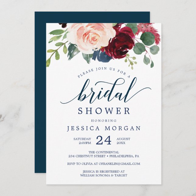 Inbjudningskort för marin och burgundisk Möhippa (Fram/baksida)