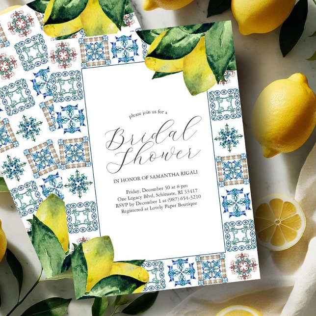 Inbjudningskort för möhippa Amalfi Kusten Theme (Amalfi coast bridal shower theme invitations with blue & yellow watercolor Victoria Grigaliunas)