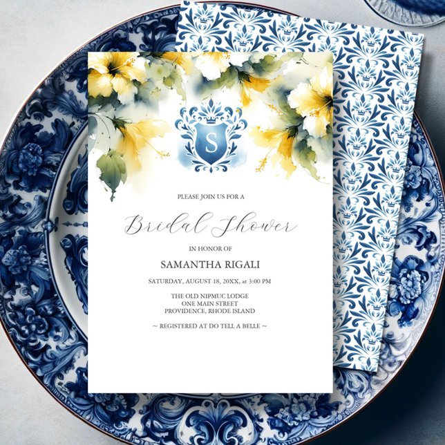 Inbjudningskort för möhippa Blue och Gult (Blue and yellow bridal shower invitations watercolor flowers and monogrammed crest unique art.)
