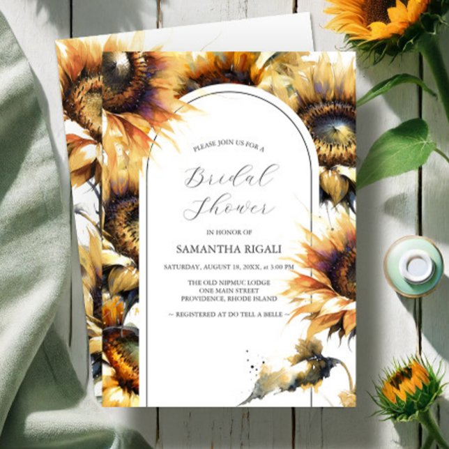Inbjudningskort för möhippa Solros (Garden bridal shower invitations watercolor sunflowers Do Tell A Belle)