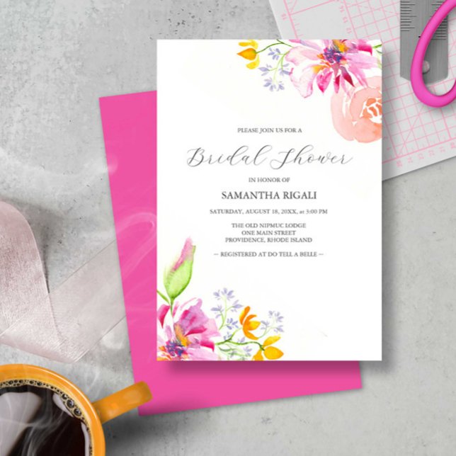 Inbjudningskort för möhippa Vibrant Rosa Blommigt  (Bridal shower invitations feature colorful watercolor flowers by Victoria Grigaliunas)