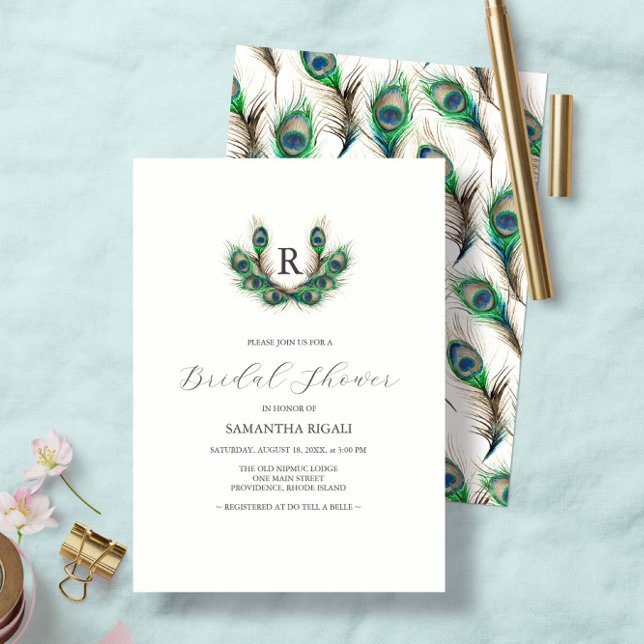 Inbjudningskort för möhippa Watercolor Peacock (Monogrammed Bridal Shower Invitations feature watercolor peacock feathers by Victoria Grigaliunas )