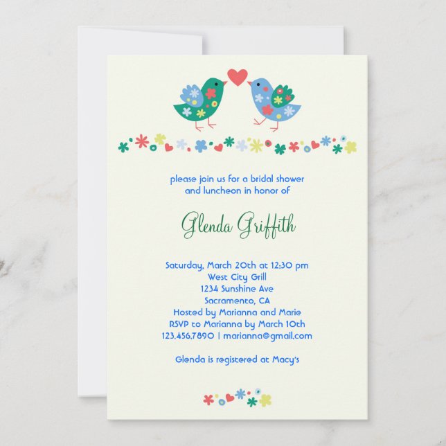 Inbjudningskort för möhippan för två fåglar (Framsida)