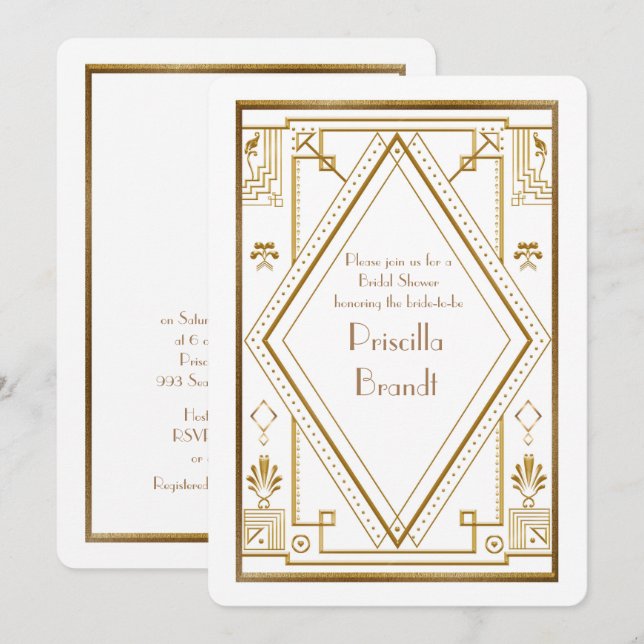 Inbjudningskort för möhippan,underbar Gatsby guld  (Fram/baksida)