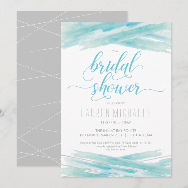 Inbjudningskort för möhippan, vattenfärg, blå, Sil (Fram/baksida)