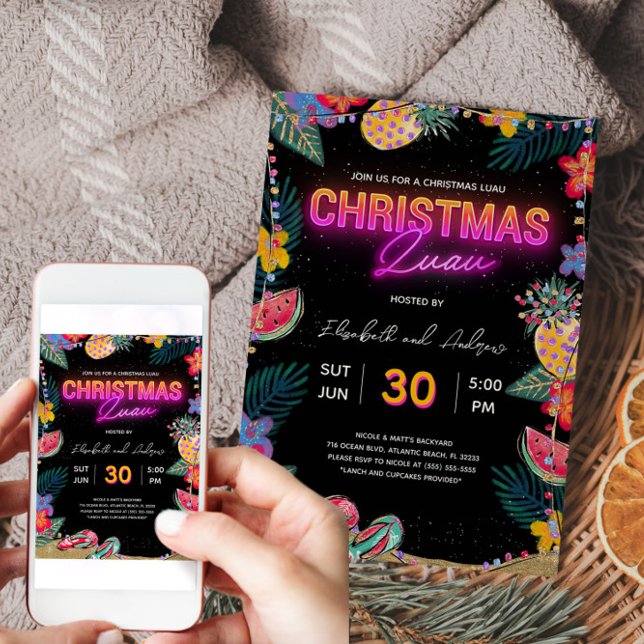 Inbjudningskort för Neon-julfesten Luau (Neon Christmas Luau Party Invitation Card)