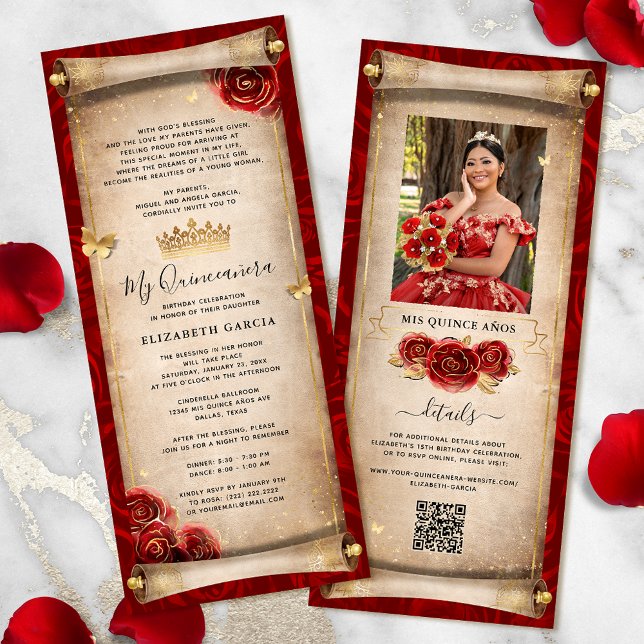 Inbjudningskort för Red and Guld Quinceanera Rulla (Elegant red and gold quinceanera scroll invitation cards for your fairytale birthday party.)