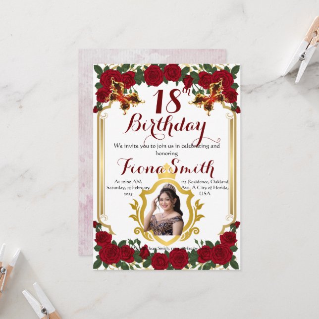 Inbjudningskort för Romantic Röd ros Blommigt, föd (Fram/Back In Situ)