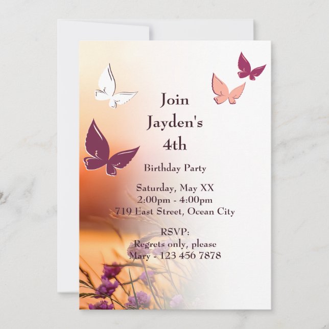 Inbjudningskort för rosa Butterfly Party 4e födels (Framsida)