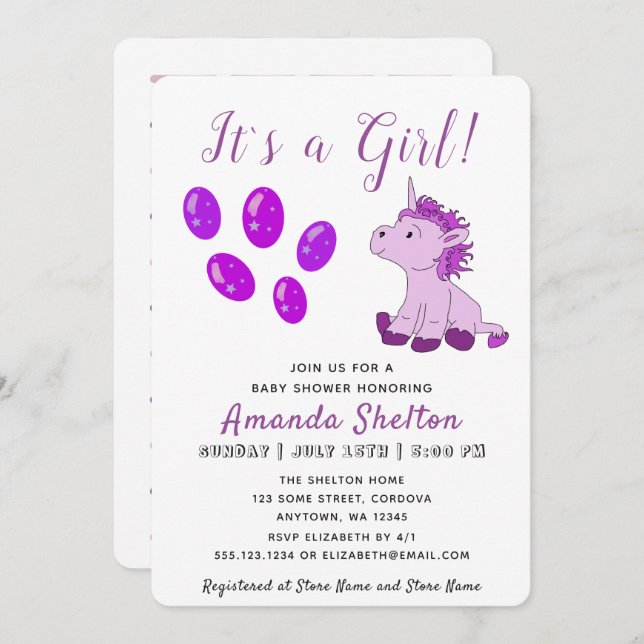 Inbjudningskort för rosa Unicorn Flicka (Fram/baksida)