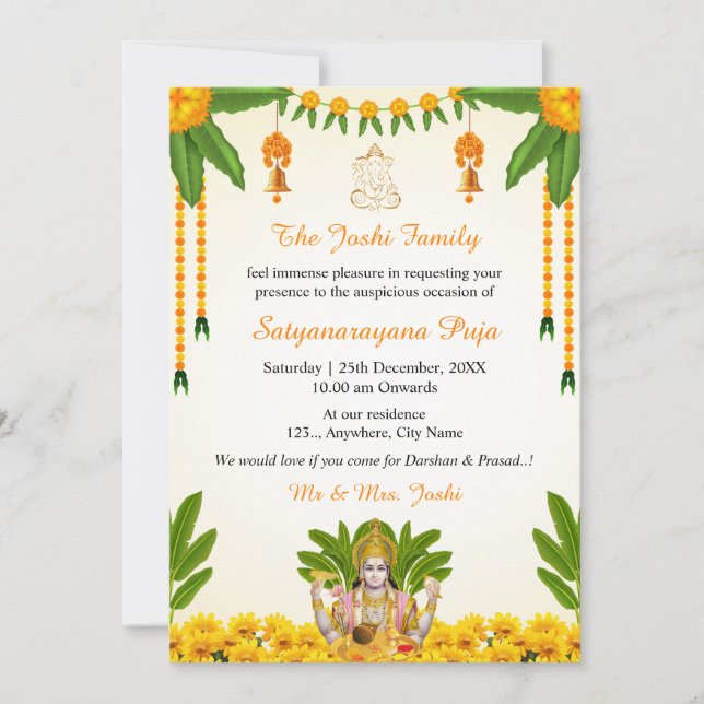 Inbjudningskort för Satyanarayan Puja (Framsida)
