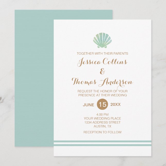 Inbjudningskort för Snäcka Watercolor Aqua Wedding (Fram/baksida)