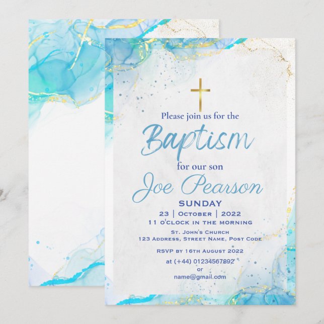 Inbjudningskort för snyggt Blue Son Baptism (Fram/baksida)