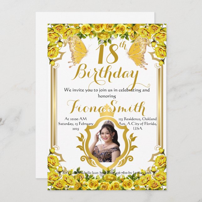 Inbjudningskort för sunt Gul ros Blommigt på födel (Fram/baksida)