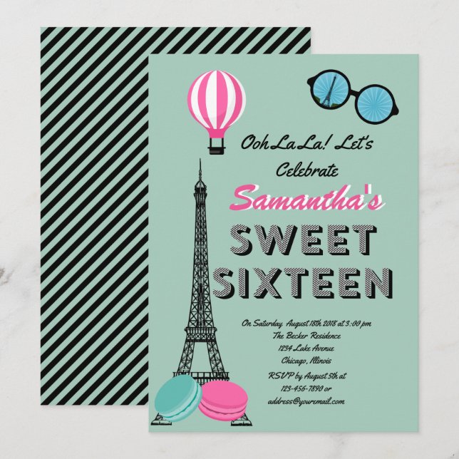 Inbjudningskort för Sweet sixteen Paris Grattis på (Fram/baksida)
